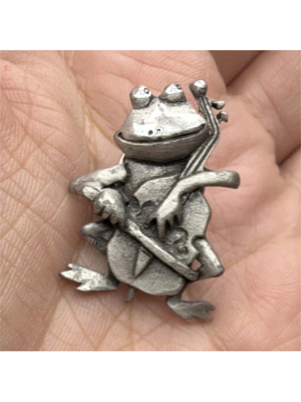 Frog Playing Cello Pewter Pin - Silver Tone